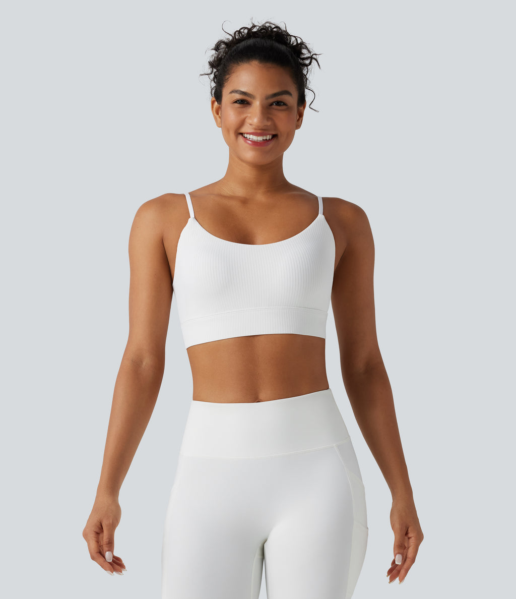 Ribbed Knit Low Support Built-in Bra Yoga Sports Bra — White — view 2