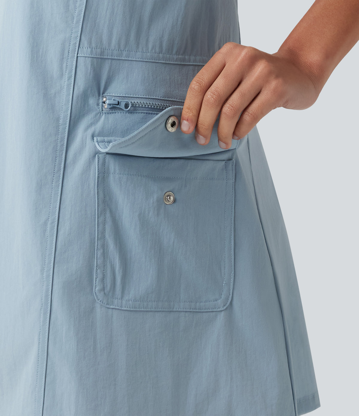U-Neck Adjustable Straps Mini Hiking Active Tank Cargo Dress with Pockets — Moon Ice Blue — view 7