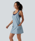 U-Neck Adjustable Straps Mini Hiking Active Tank Cargo Dress with Pockets — Moon Ice Blue — view 3