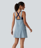U-Neck Adjustable Straps Mini Hiking Active Tank Cargo Dress with Pockets — Moon Ice Blue — view 2