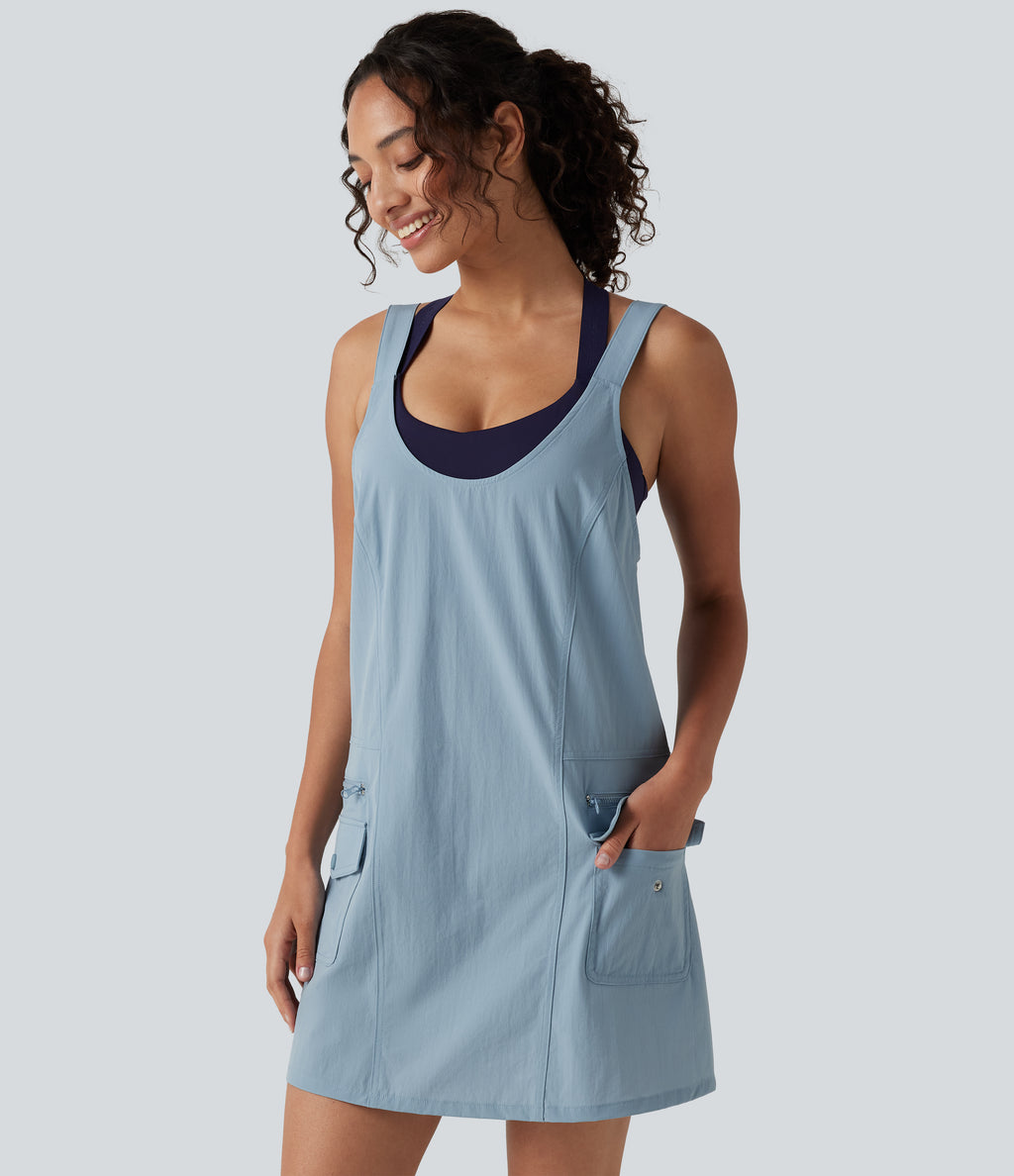 U-Neck Adjustable Straps Mini Hiking Active Tank Cargo Dress with Pockets — Moon Ice Blue — view 4