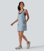 U-Neck Adjustable Straps Mini Hiking Active Tank Cargo Dress with Pockets — Moon Ice Blue — view 8