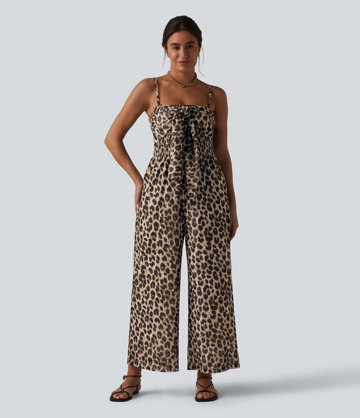 Tie-front Shirred Leopard Mesh Casual Slip Baggy Jumpsuit with Pockets — Gold Leopard Print — view 1