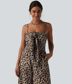Tie-front Shirred Leopard Mesh Casual Slip Baggy Jumpsuit with Pockets — Gold Leopard Print — view 4