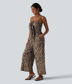 Tie-front Shirred Leopard Mesh Casual Slip Baggy Jumpsuit with Pockets — Gold Leopard Print — view 3