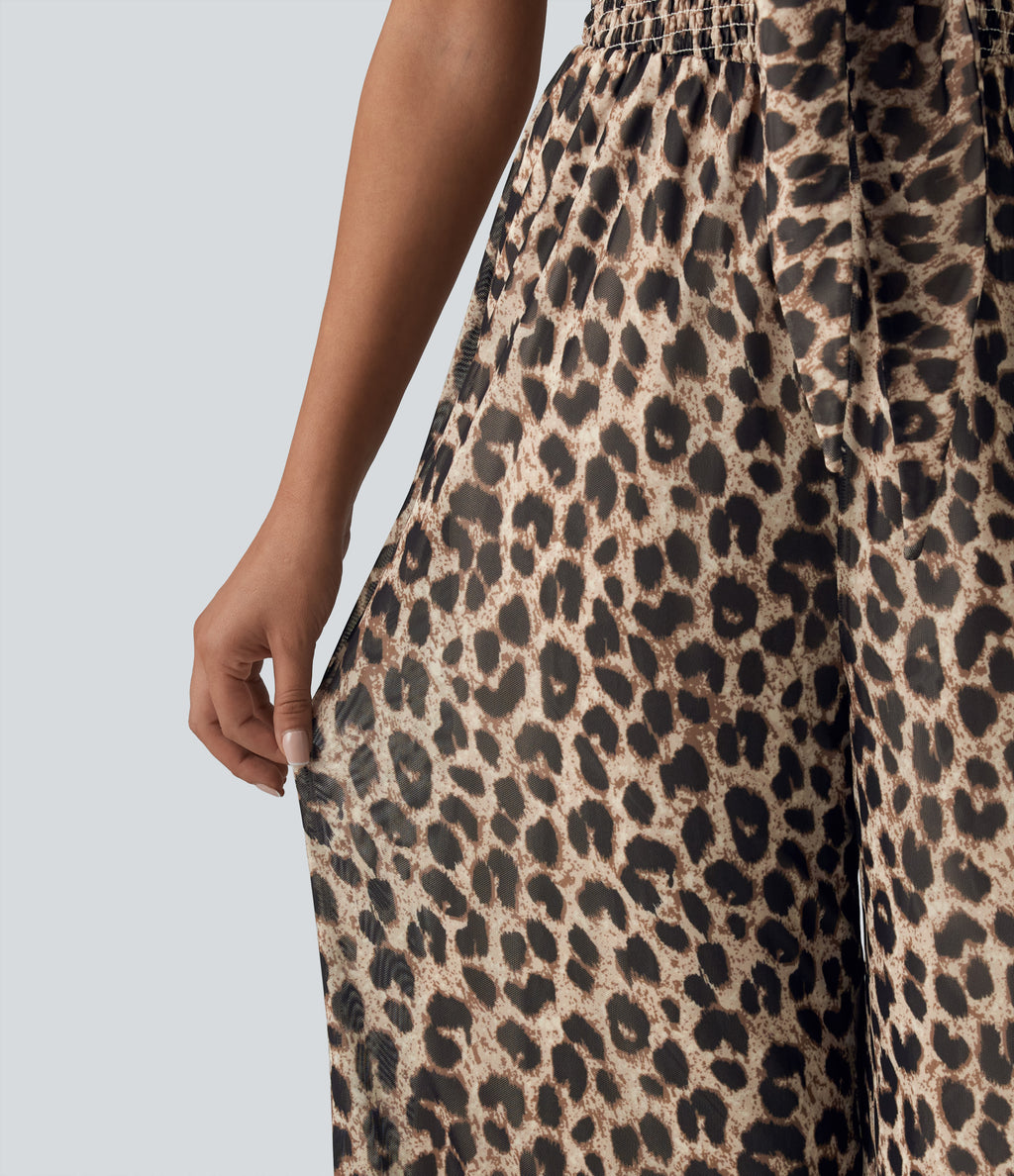Tie-front Shirred Leopard Mesh Casual Slip Baggy Jumpsuit with Pockets — Gold Leopard Print — view 6