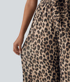 Tie-front Shirred Leopard Mesh Casual Slip Baggy Jumpsuit with Pockets — Gold Leopard Print — view 6