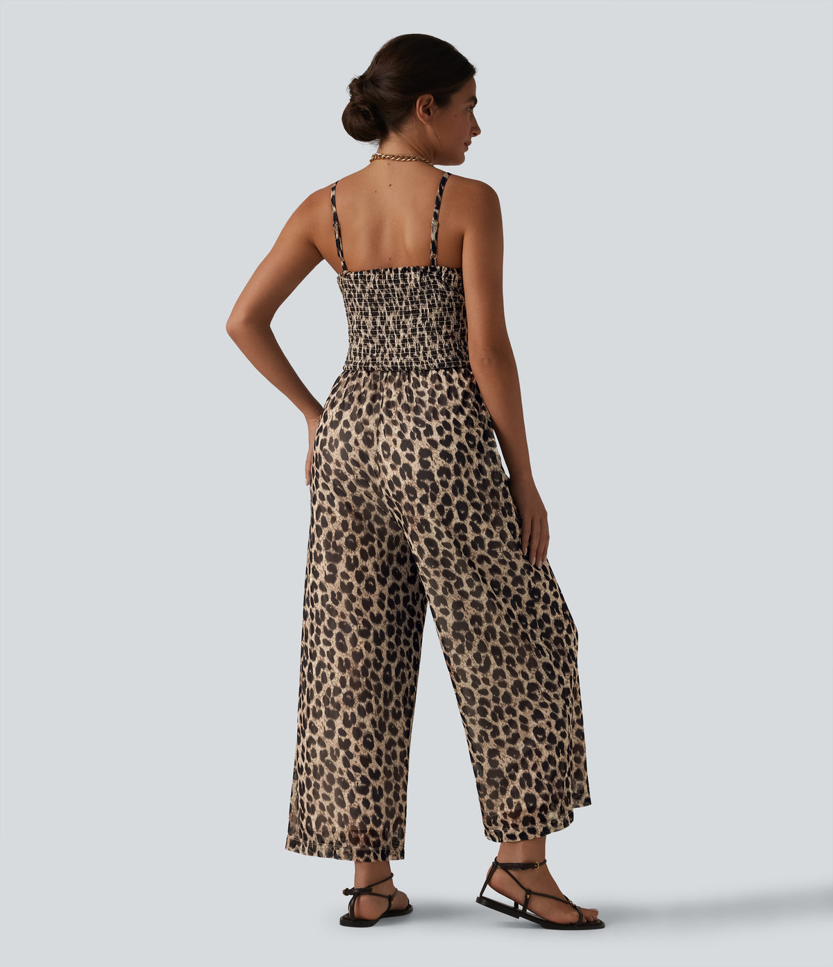 Tie-front Shirred Leopard Mesh Casual Slip Baggy Jumpsuit with Pockets — Gold Leopard Print — view 2