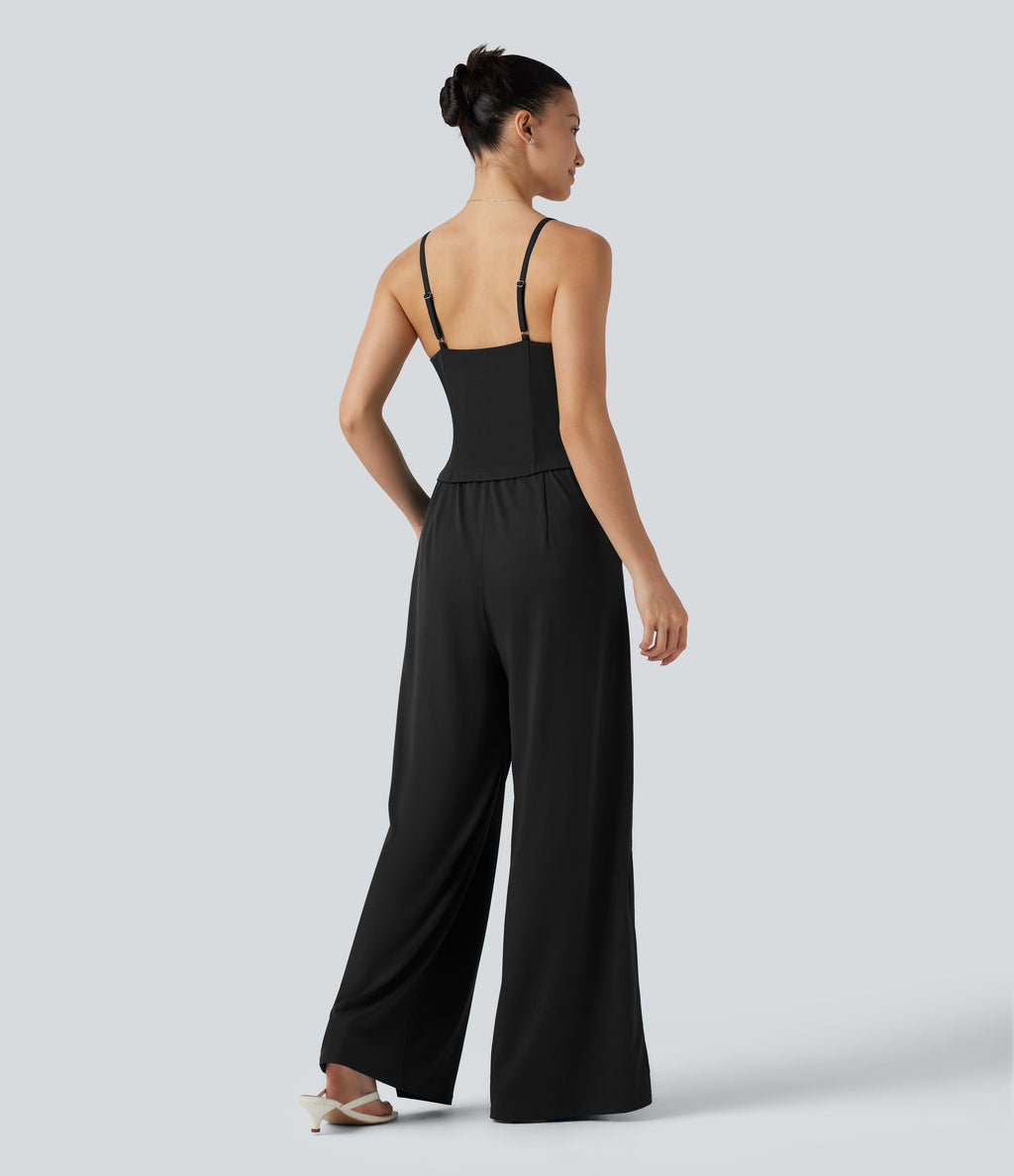 Wrap Split Hem Built-in Bra Casual Slip Baggy Jumpsuit with Pockets — Black — view 2