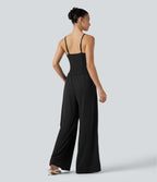 Wrap Split Hem Built-in Bra Casual Slip Baggy Jumpsuit with Pockets — Black — view 2