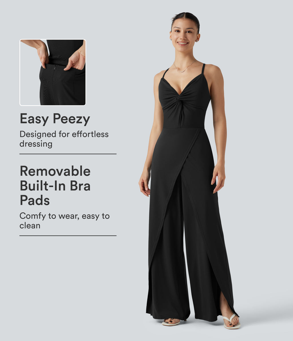 Wrap Split Hem Built-in Bra Casual Slip Baggy Jumpsuit with Pockets — Black — view 1