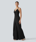 Wrap Split Hem Built-in Bra Casual Slip Baggy Jumpsuit with Pockets — Black — view 3