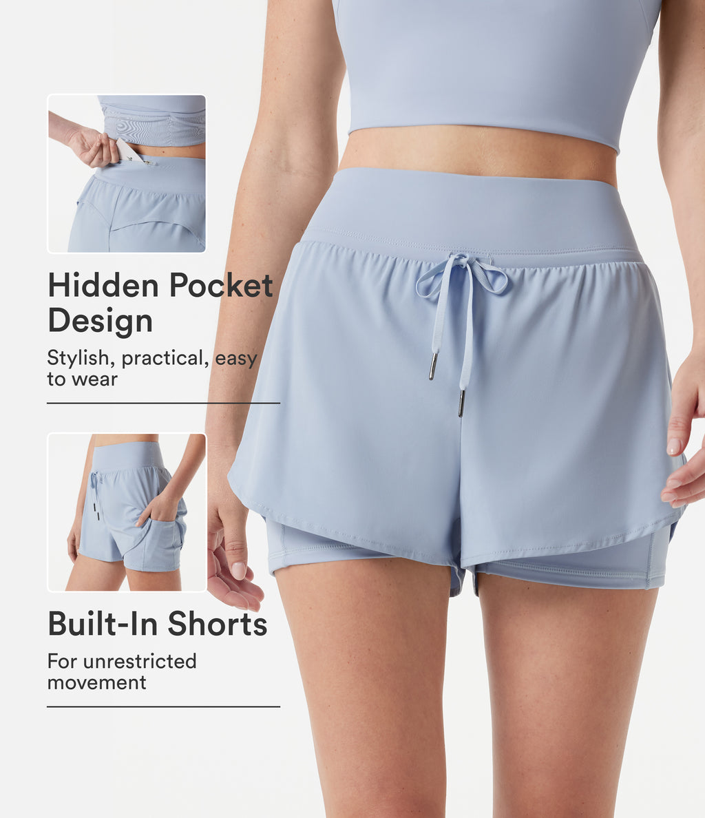 High-waisted Drawstring 2-in-1 Quick Dry Workout Shorts with Pockets — Ballad Blue — view 1