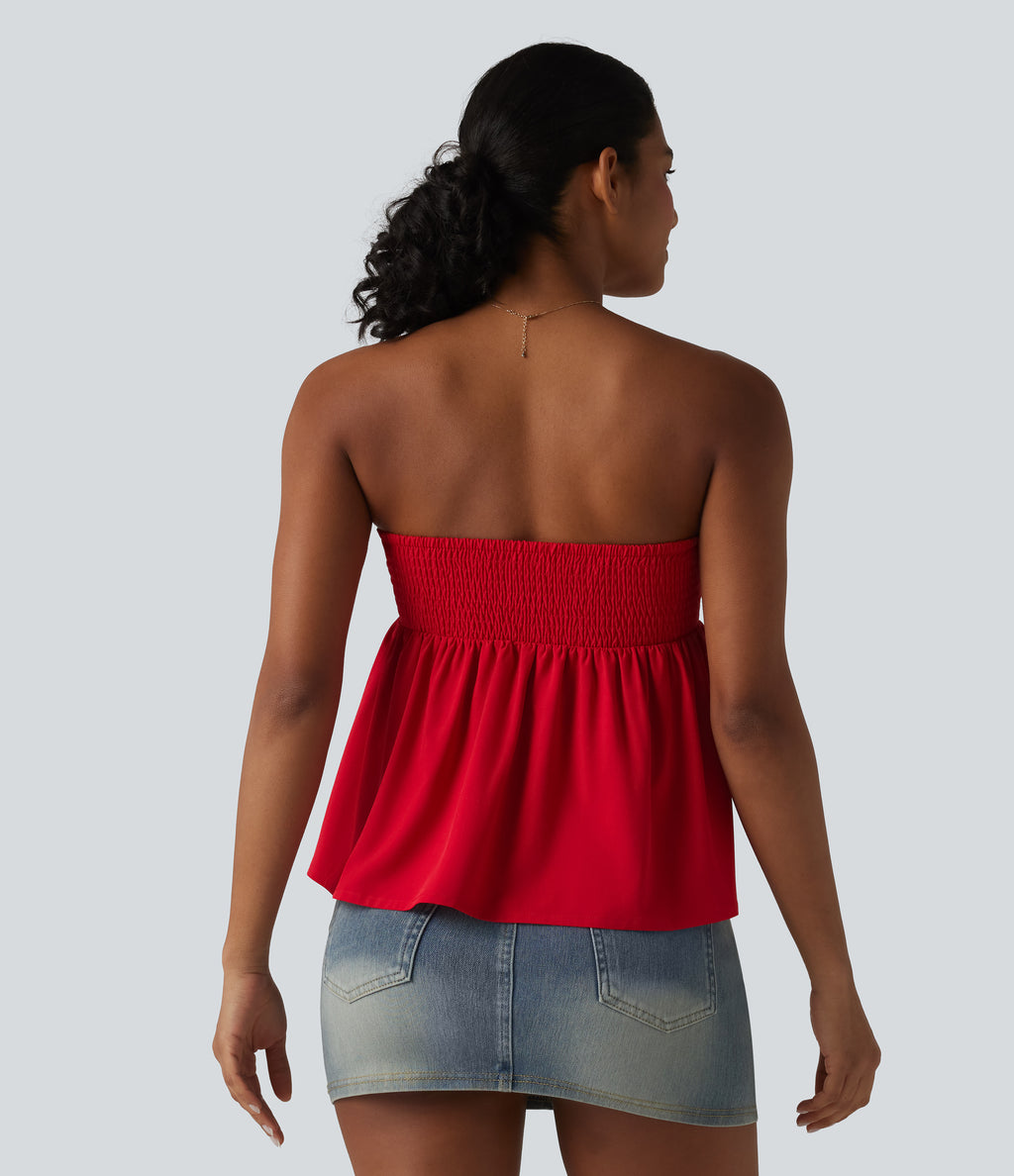 Shirred Ruffle Hem Quick Dry Casual Babydoll Tube Top — Pompeian Red — view 2