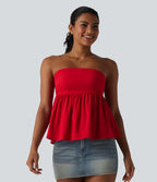 Shirred Ruffle Hem Quick Dry Casual Babydoll Tube Top — Pompeian Red — view 4