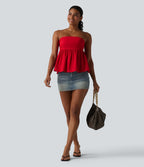 Shirred Ruffle Hem Quick Dry Casual Babydoll Tube Top — Pompeian Red — view 7