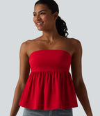 Shirred Ruffle Hem Quick Dry Casual Babydoll Tube Top — Pompeian Red — view 1