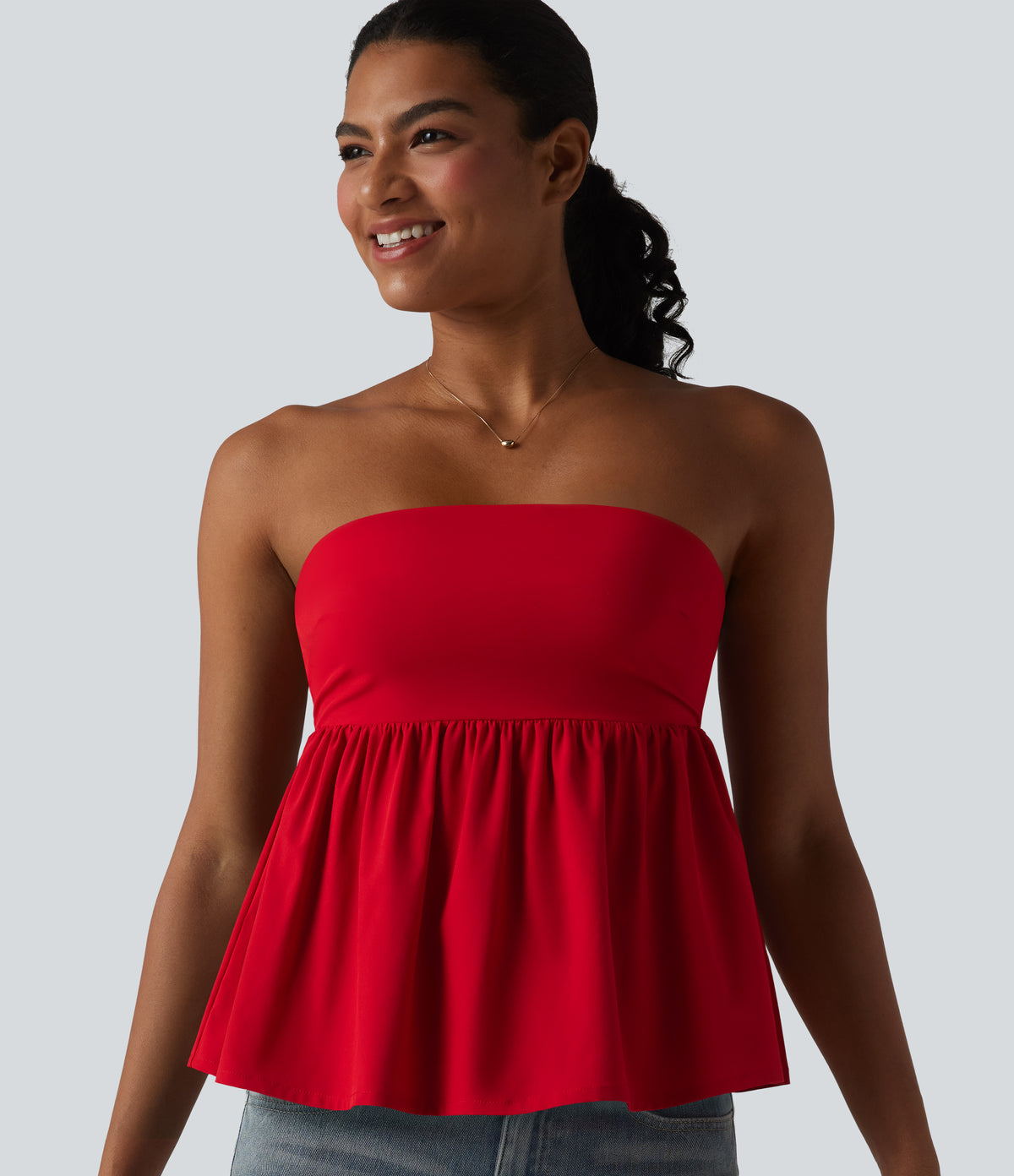 Shirred Ruffle Hem Quick Dry Casual Babydoll Tube Top — Pompeian Red — view 1
