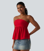 Shirred Ruffle Hem Quick Dry Casual Babydoll Tube Top — Pompeian Red — view 3