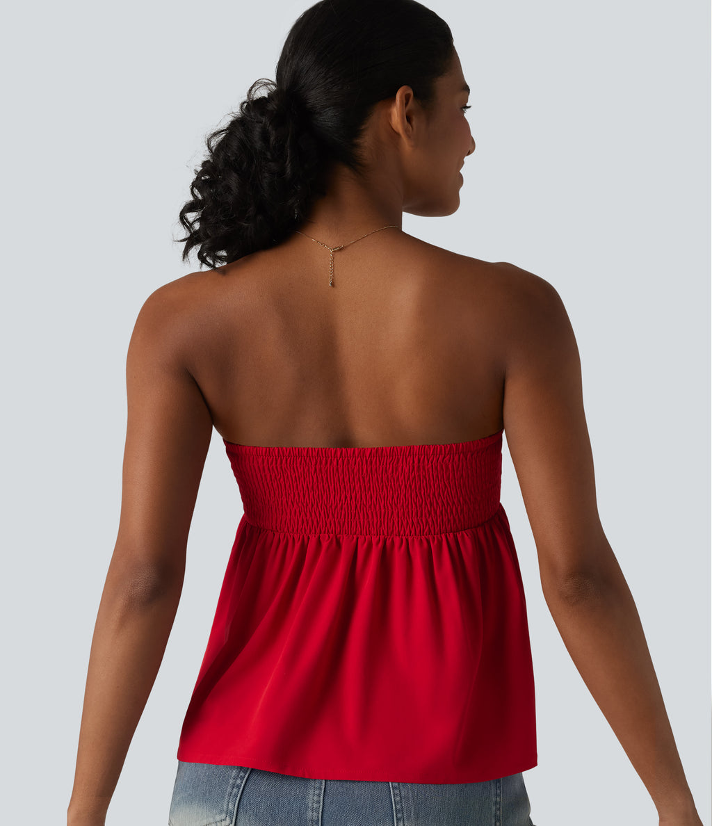 Shirred Ruffle Hem Quick Dry Casual Babydoll Tube Top — Pompeian Red — view 6