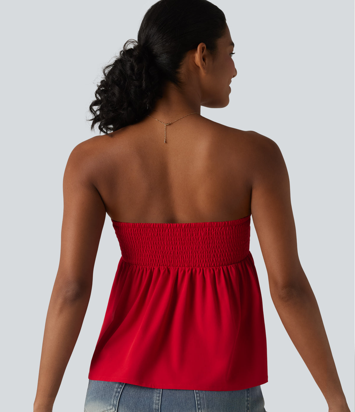 Shirred Ruffle Hem Quick Dry Casual Babydoll Tube Top — Pompeian Red — view 6