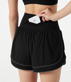 High-waisted Curved Hem 2-in-1 Reflective Lines Quick Dry Yoga Baggy Shorts with Pockets — Black — view 5