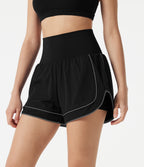 High-waisted Curved Hem 2-in-1 Reflective Lines Quick Dry Yoga Baggy Shorts with Pockets — Black — view 3