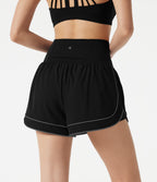 High-waisted Curved Hem 2-in-1 Reflective Lines Quick Dry Yoga Baggy Shorts with Pockets — Black — view 2