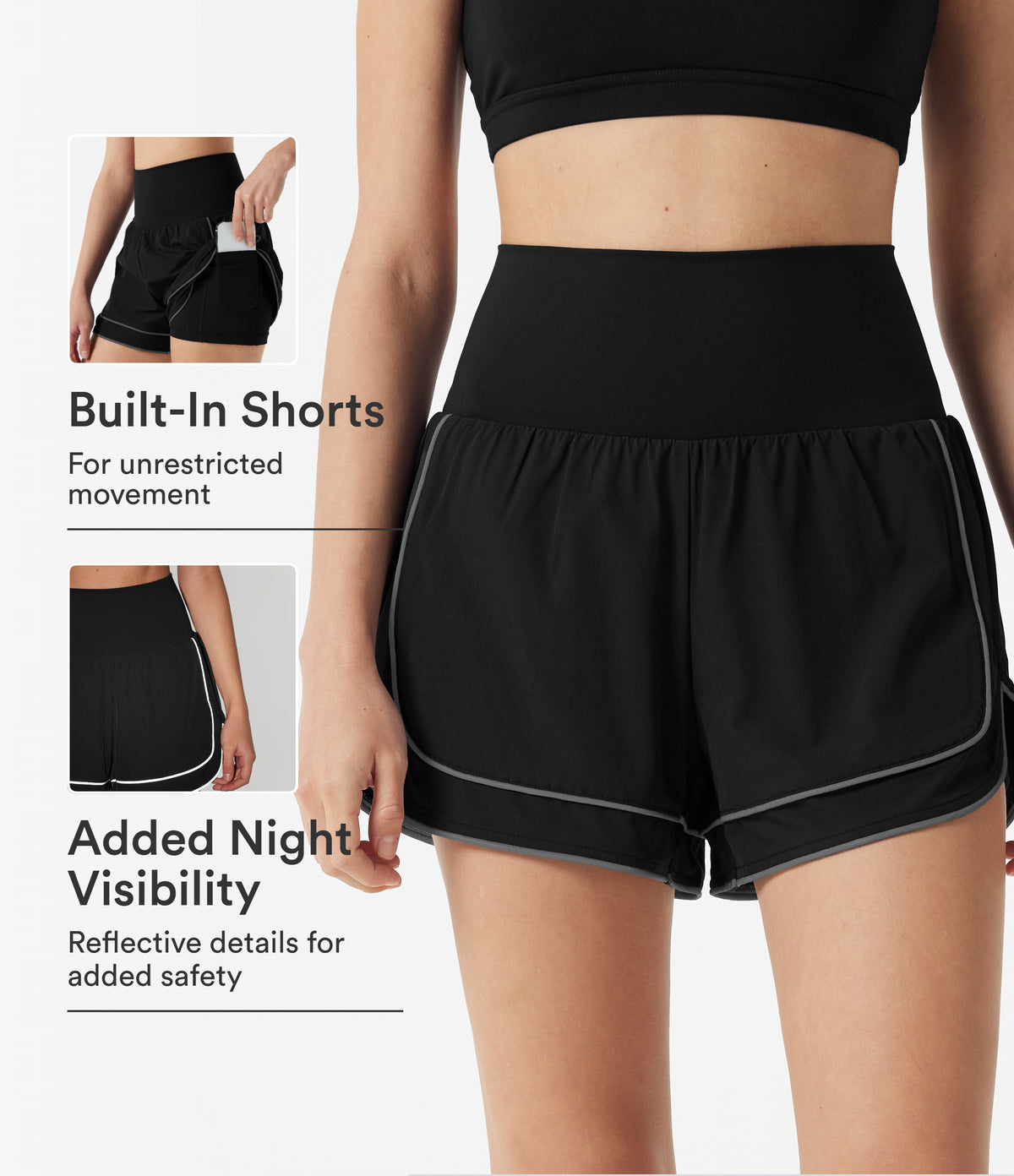 High-waisted Curved Hem 2-in-1 Reflective Lines Quick Dry Yoga Baggy Shorts with Pockets — Black — view 1