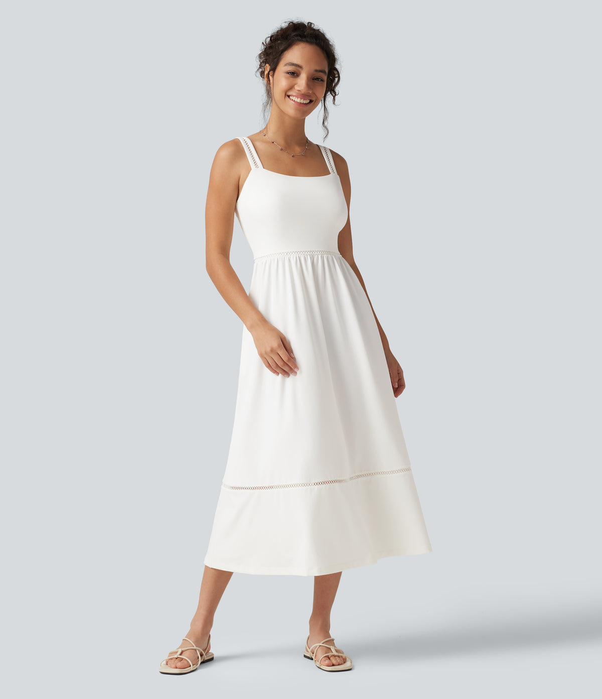 Square Neck Cut Out A-Line Flowy Midi Resort Tank Dress with Pockets — White — view 1