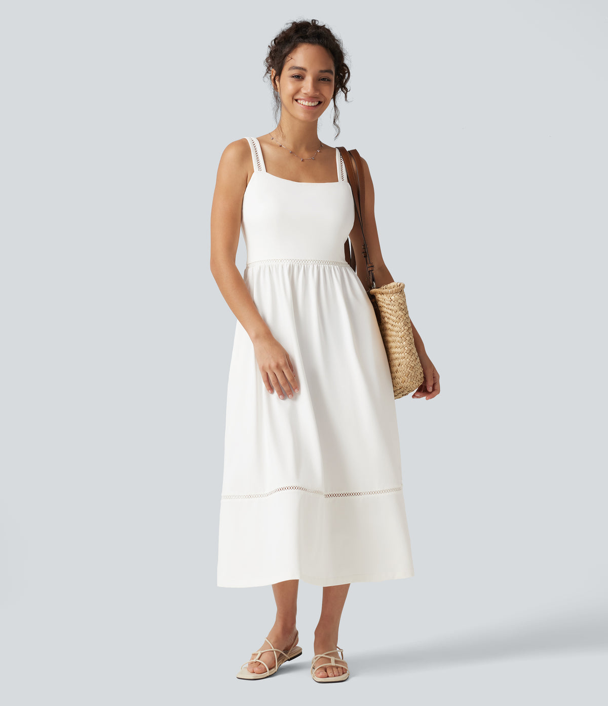 Square Neck Cut Out A-Line Flowy Midi Resort Tank Dress with Pockets — White — view 8