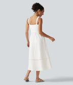 Square Neck Cut Out A-Line Flowy Midi Resort Tank Dress with Pockets — White — view 2