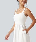 Square Neck Cut Out A-Line Flowy Midi Resort Tank Dress with Pockets — White — view 4