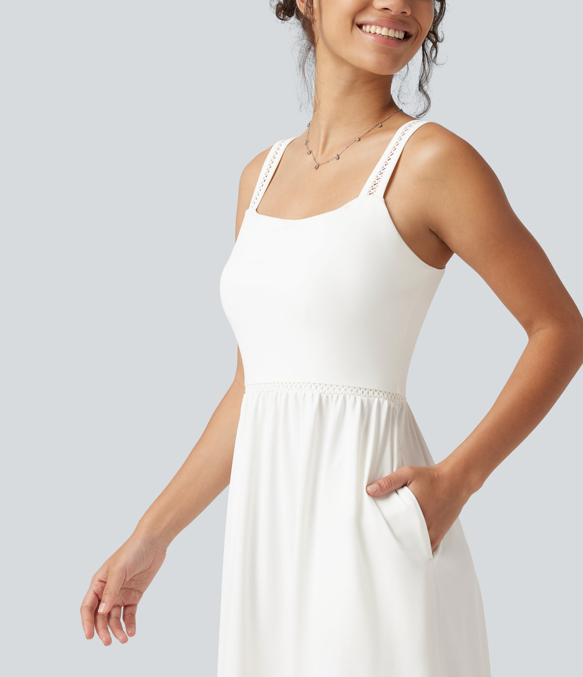 Square Neck Cut Out A-Line Flowy Midi Resort Tank Dress with Pockets — White — view 4