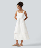 Square Neck Cut Out A-Line Flowy Midi Resort Tank Dress with Pockets — White — view 3