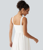 Square Neck Cut Out A-Line Flowy Midi Resort Tank Dress with Pockets — White — view 5
