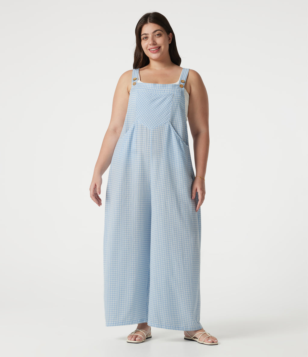 Plus Size Plaid Casual Linen-Feel Dungarees with Pockets — Blue Cream — view 9