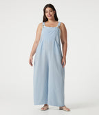Plus Size Plaid Casual Linen-Feel Dungarees with Pockets — Blue Cream — view 9
