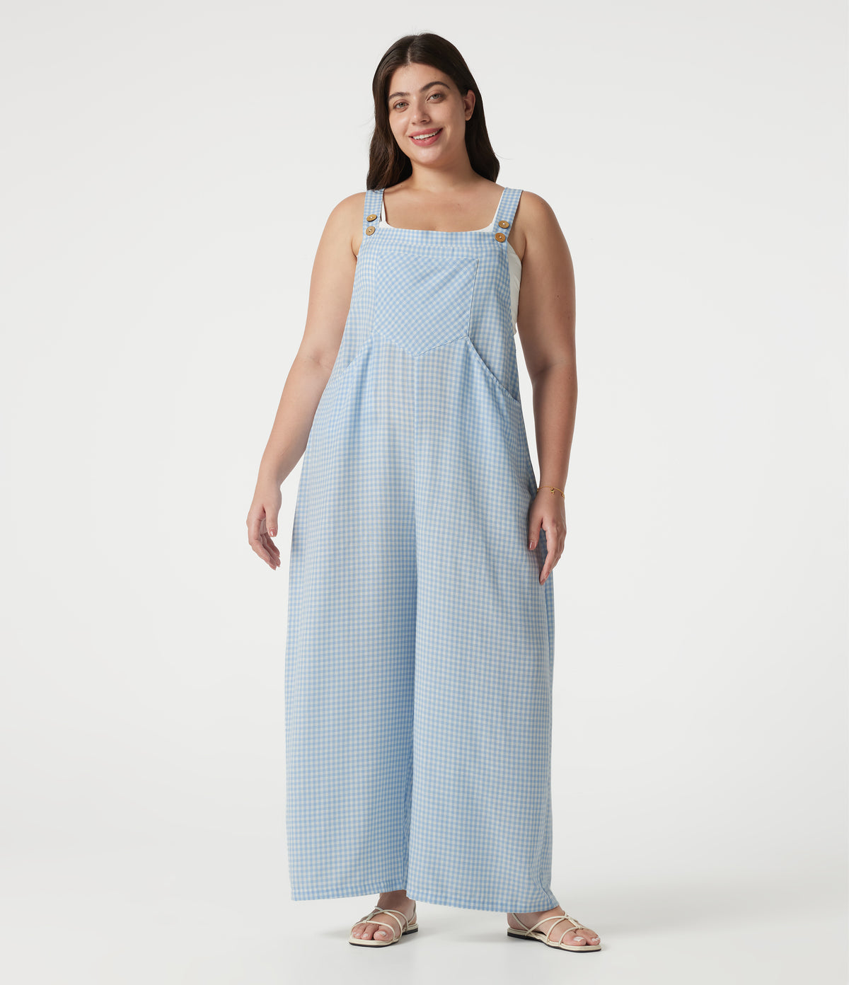Plus Size Plaid Casual Linen-Feel Dungarees with Pockets — Blue Cream — view 9