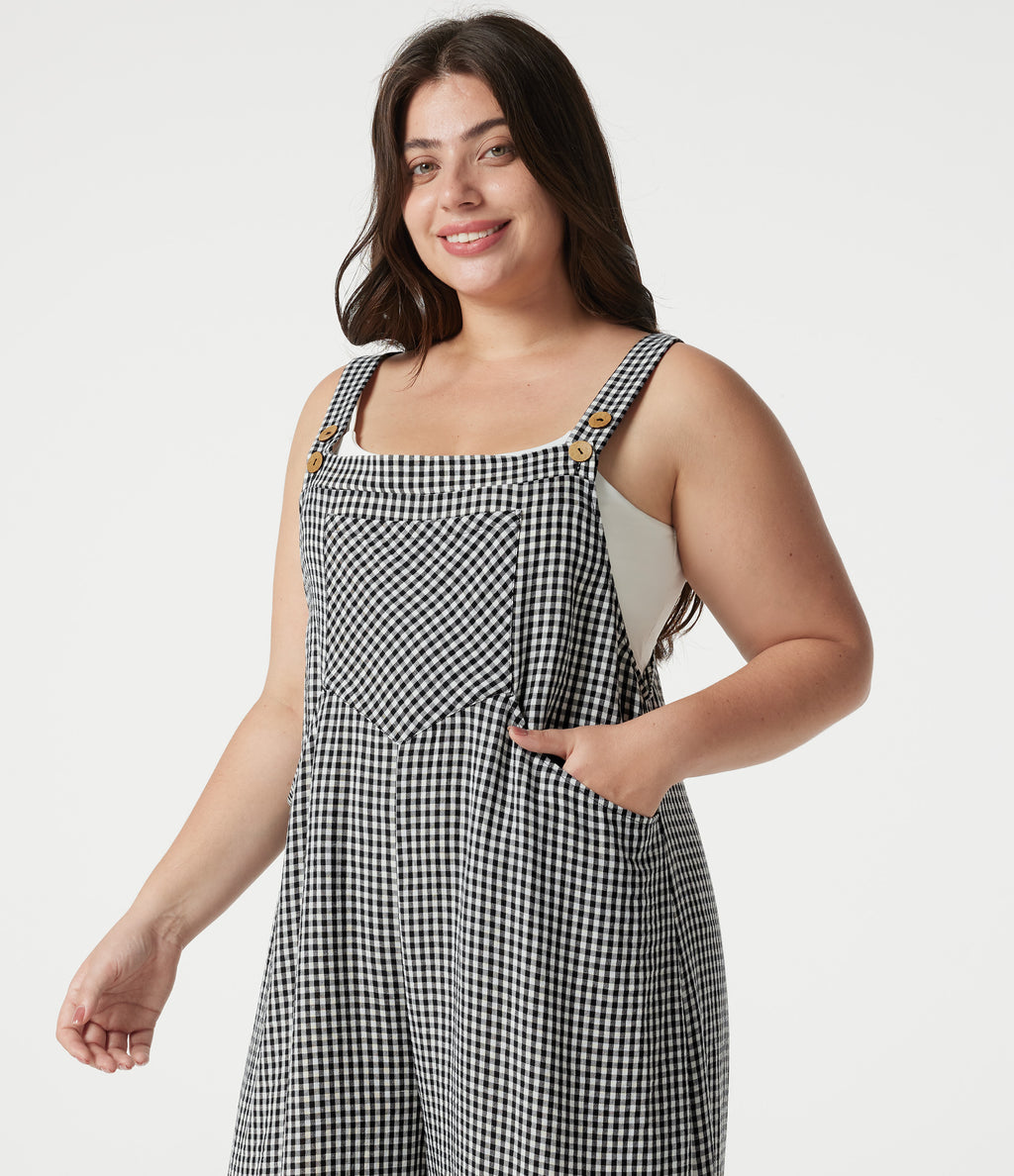 Plus Size Plaid Casual Linen-Feel Dungarees with Pockets — Classic Mono — view 6