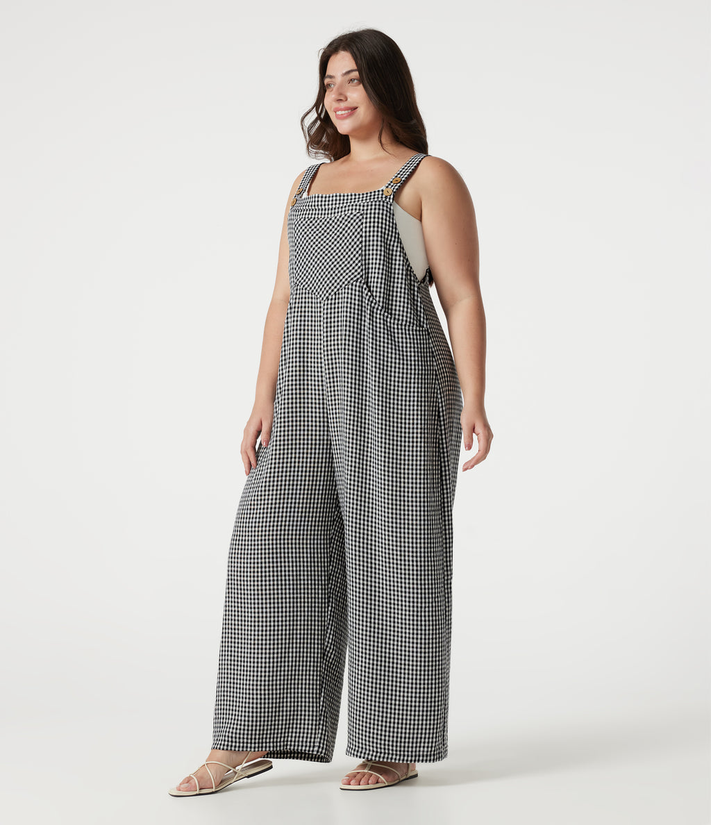 Plus Size Plaid Casual Linen-Feel Dungarees with Pockets — Classic Mono — view 3