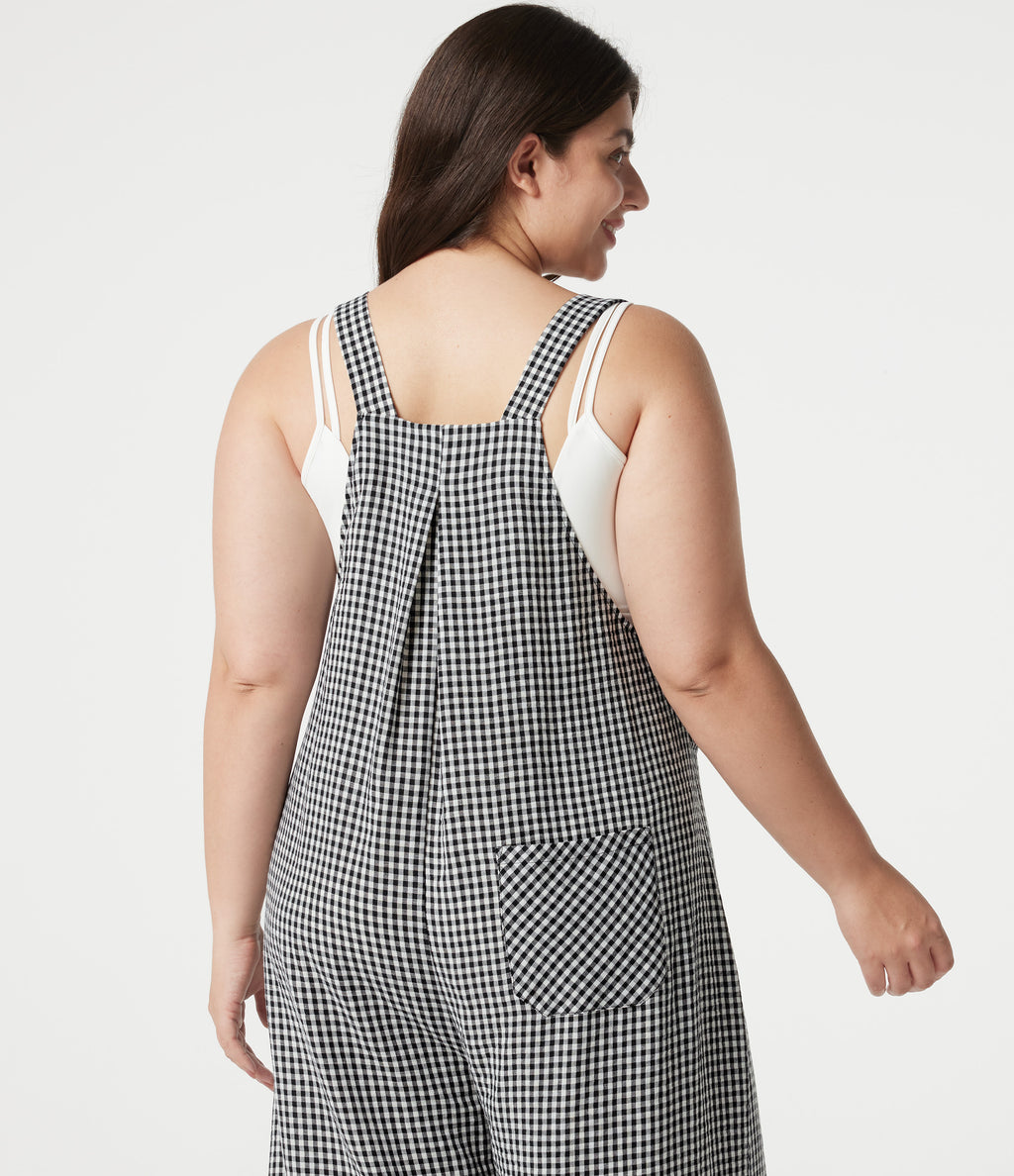 Plus Size Plaid Casual Linen-Feel Dungarees with Pockets — Classic Mono — view 7