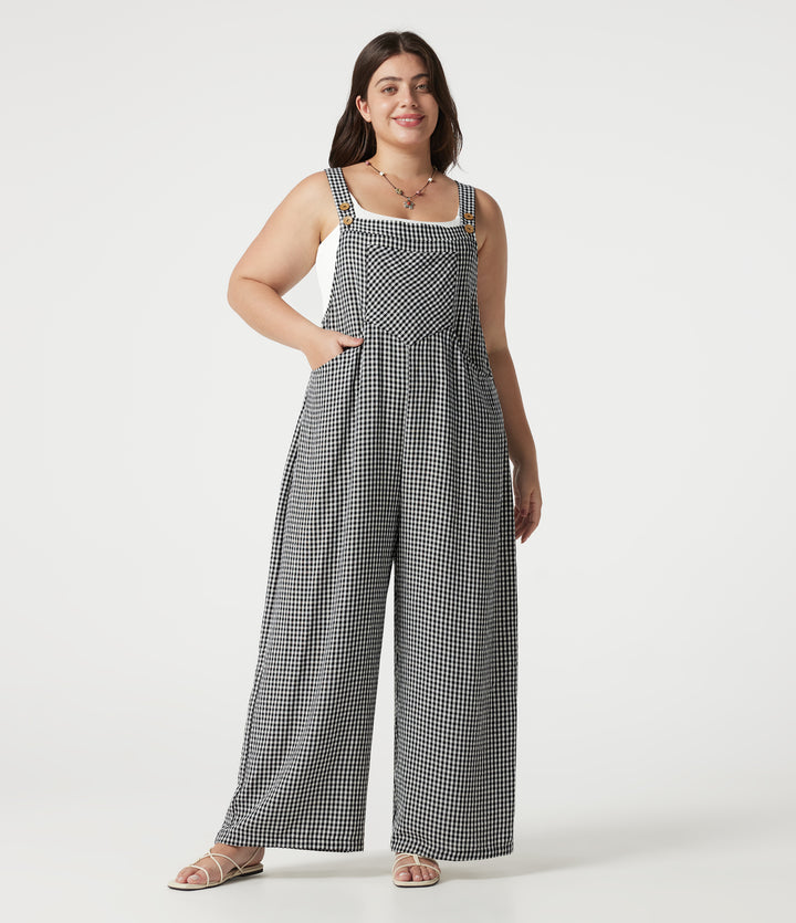 Plus Size Plaid Casual Linen-Feel Dungarees with Pockets — Classic Mono — view 1