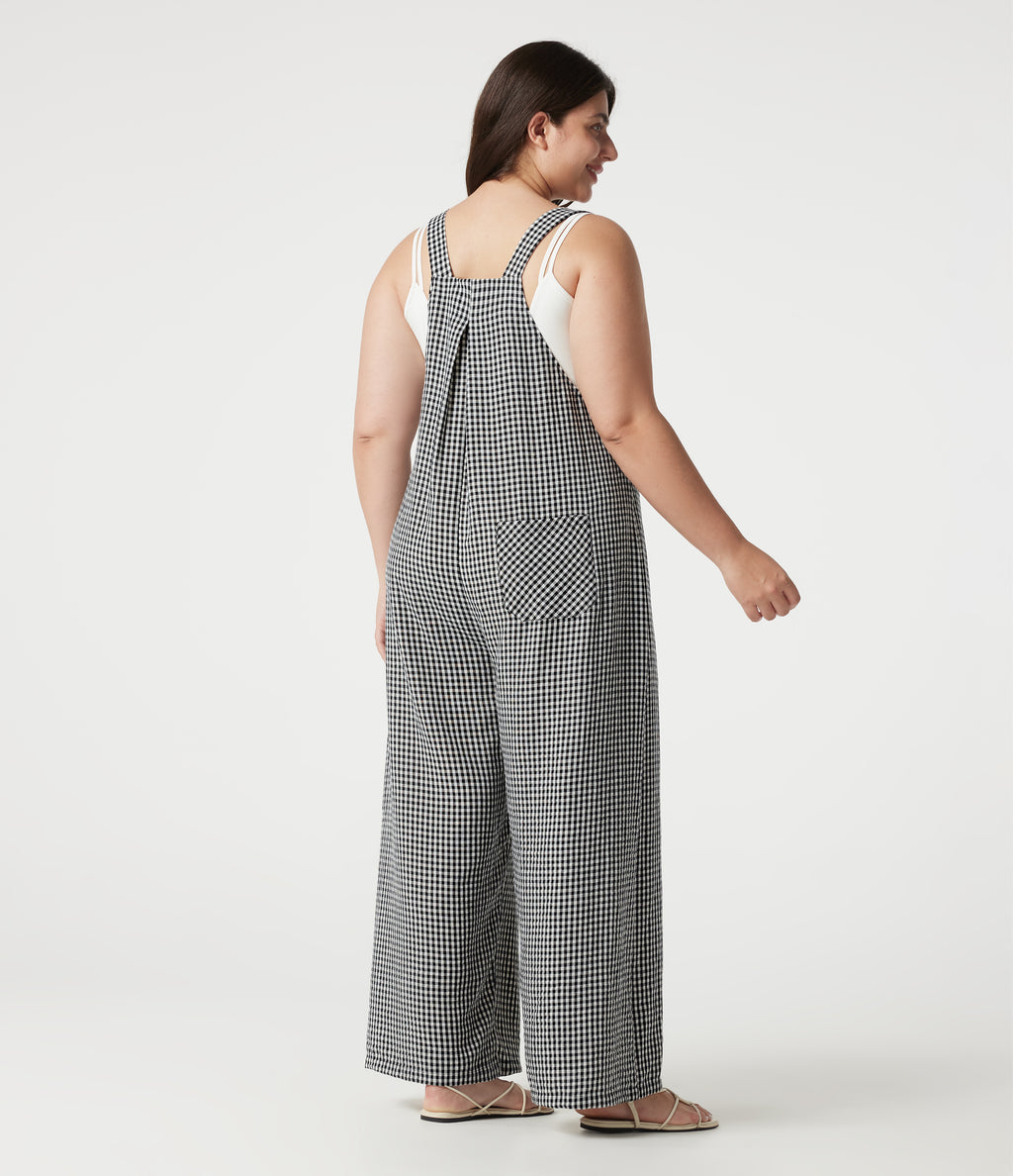 Plus Size Plaid Casual Linen-Feel Dungarees with Pockets — Classic Mono — view 2