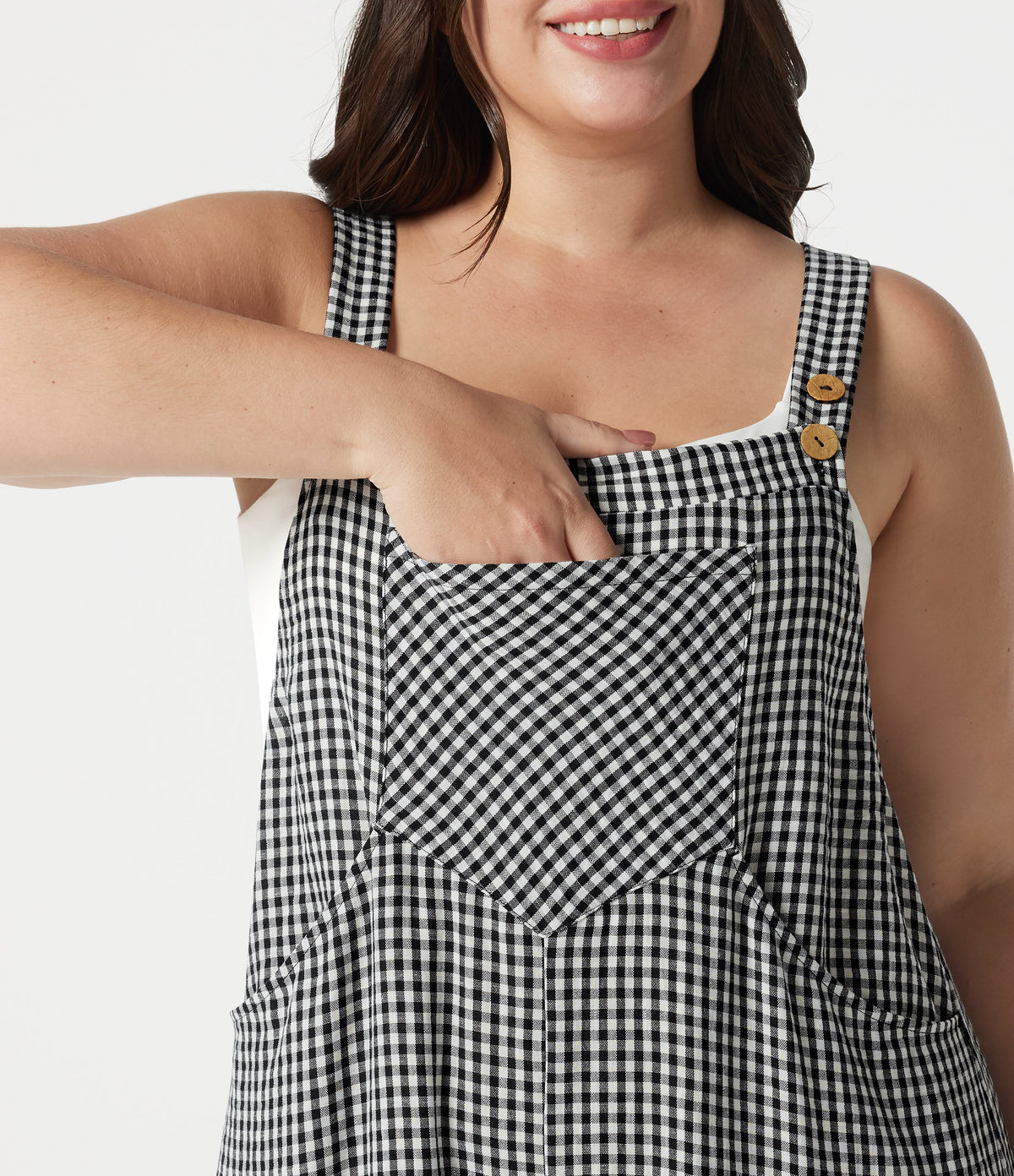 Plus Size Plaid Casual Linen-Feel Dungarees with Pockets — Classic Mono — view 5