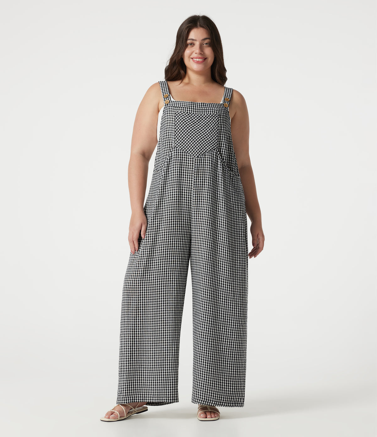 Plus Size Plaid Casual Linen-Feel Dungarees with Pockets — Classic Mono — view 8
