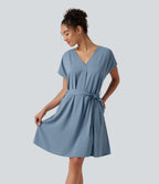 Wrinkle Recovery V Neck Batwing Sleeve Belted Mini Work Dress with Pockets — Mountain Spring — view 4