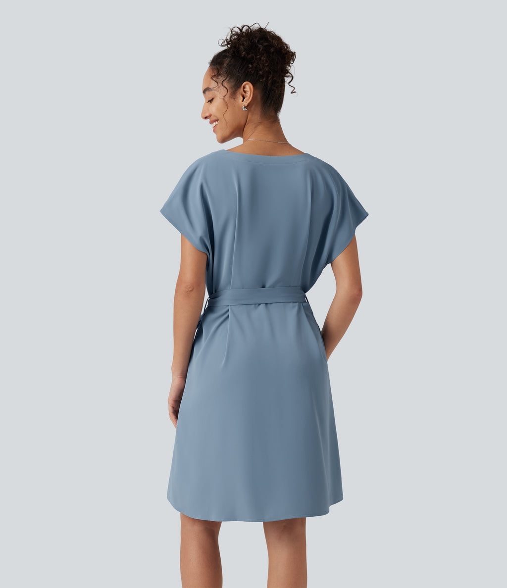 Wrinkle Recovery V Neck Batwing Sleeve Belted Mini Work Dress with Pockets — Mountain Spring — view 3
