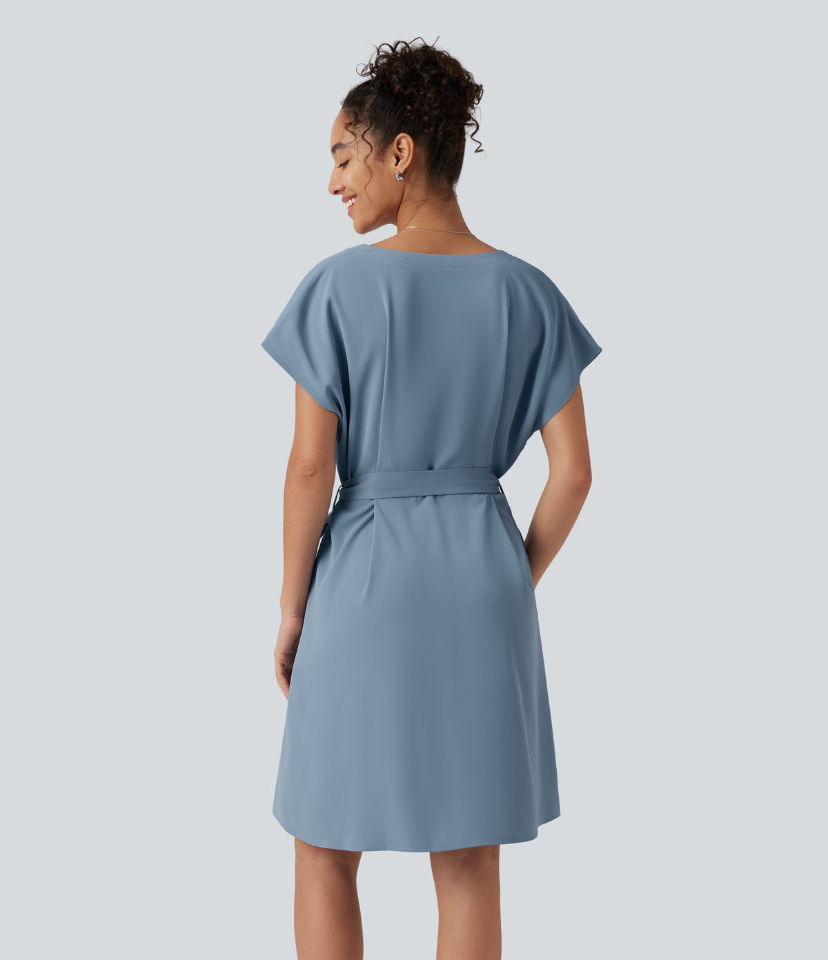 Wrinkle Recovery V Neck Batwing Sleeve Belted Mini Work Dress with Pockets — Mountain Spring — view 3
