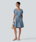 Wrinkle Recovery V Neck Batwing Sleeve Belted Mini Work Dress with Pockets — Mountain Spring — view 7